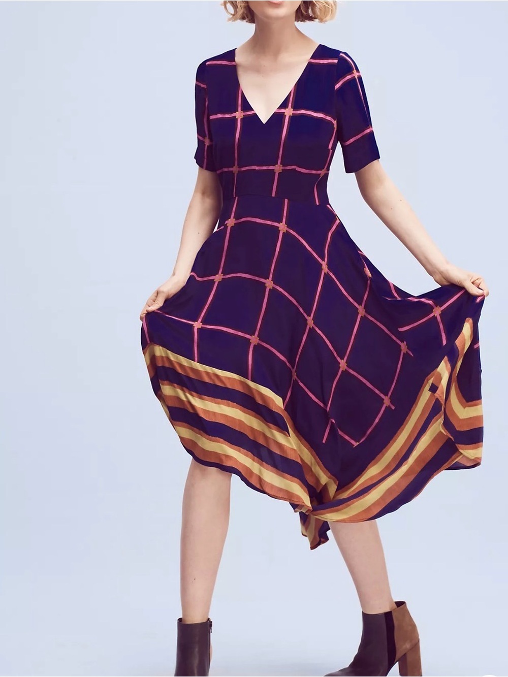 HD In Paris Anthropologie Dress Womens 6 Windowpane Plaid Striped Midi Fit Flare